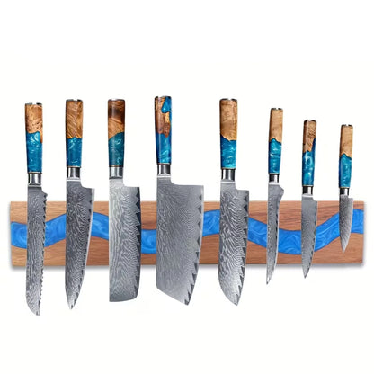 Acacia wood magnetic knife holder with blue resin river displaying premium kitchen knives on a wall mounted magnetic rack