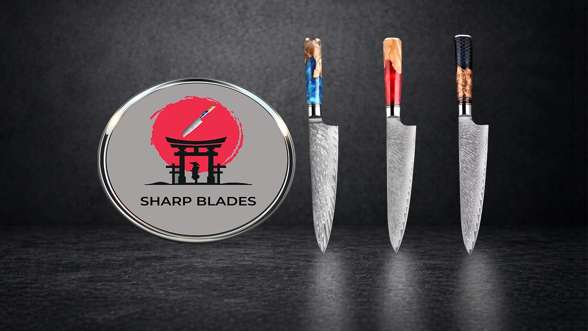 Premium Damascus chef knife set on dark background with reflection