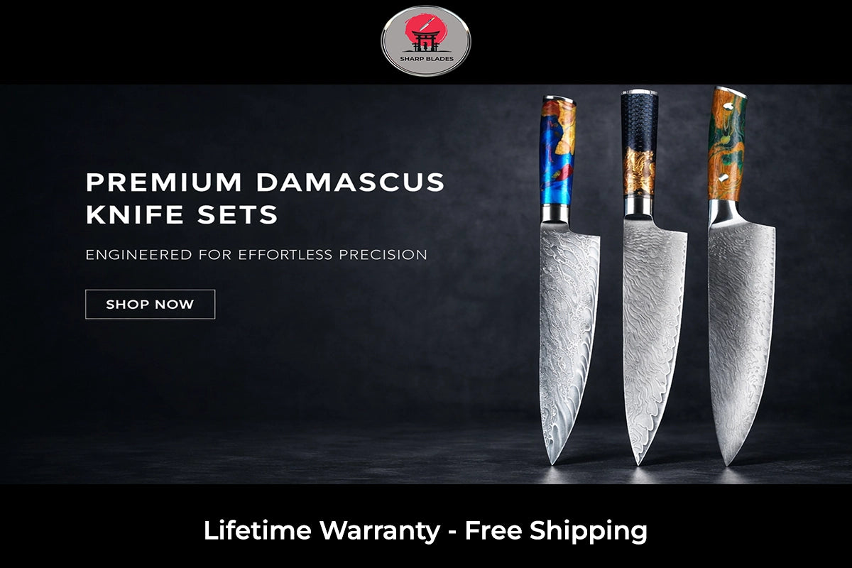Three damascus knives with colorful handles on a dark background, featuring text about the knives' design and guarantees.