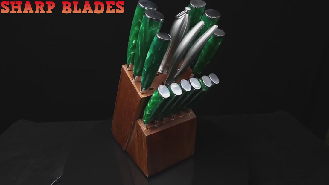 set of Stainless Steel Laser Damascus Pattern Set With Green Resin Handle