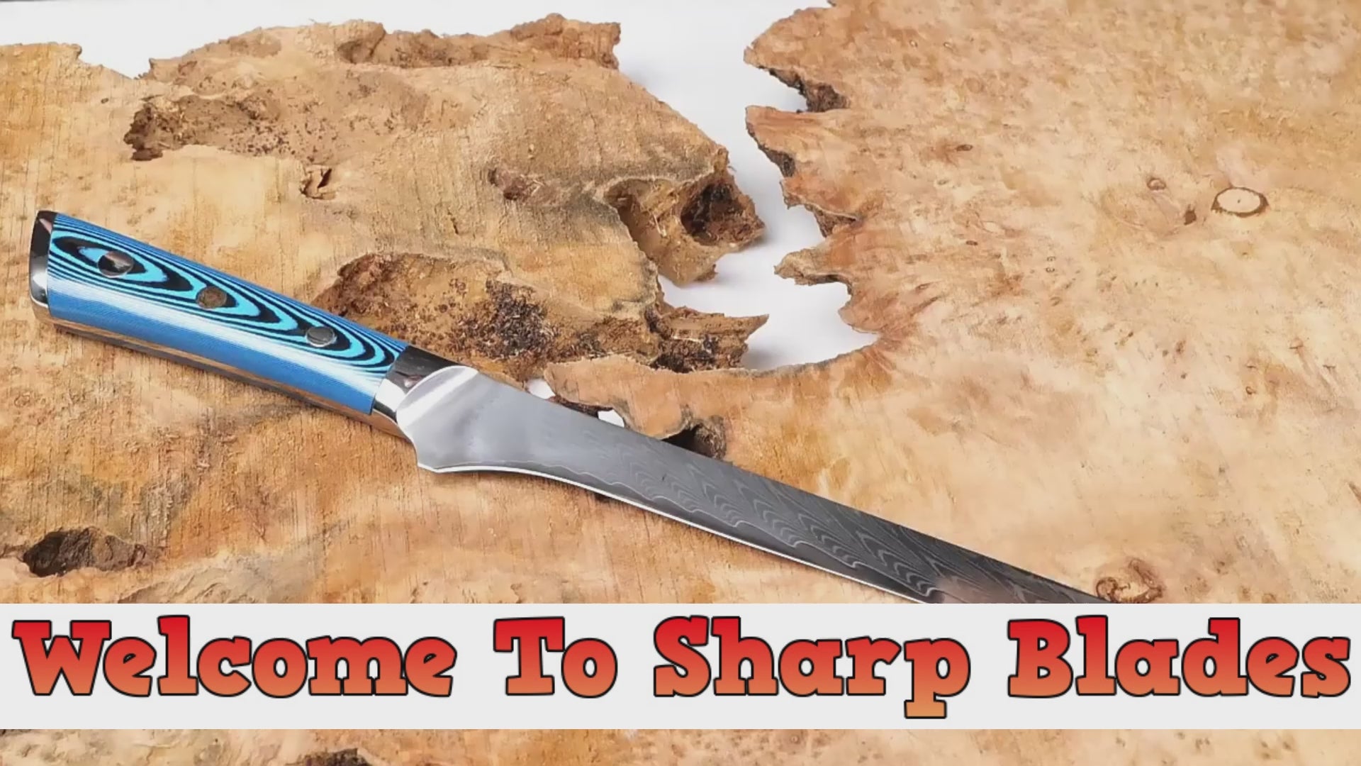 Load video: 4 Piece Damascus Steel Knife Set With Blue Handle