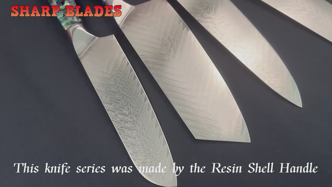 Damascus Steel Knife Set with Abalone Handle and Fishbone Pattern Blade video