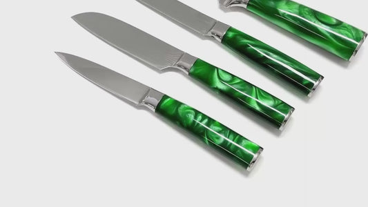 10-Piece Kitchen Knife Set – Laser Damascus Pattern, Green Resin Handle