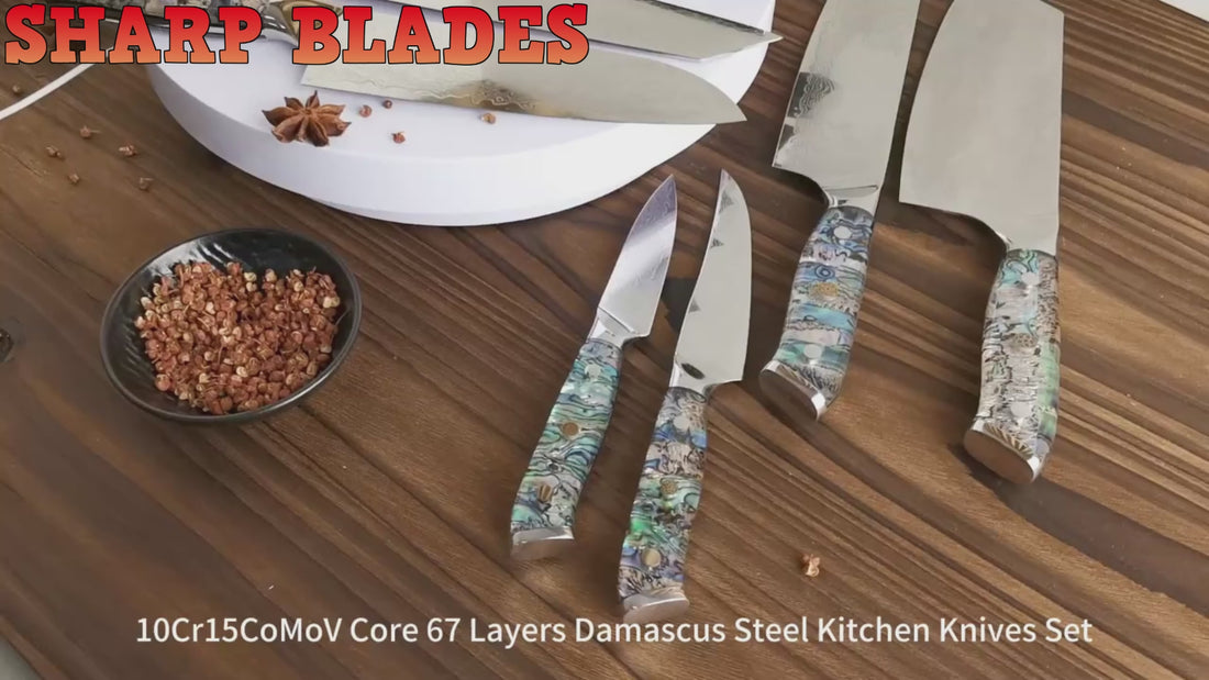 set of Damascus Steel Knife with Shell Acrylic Resin Handles