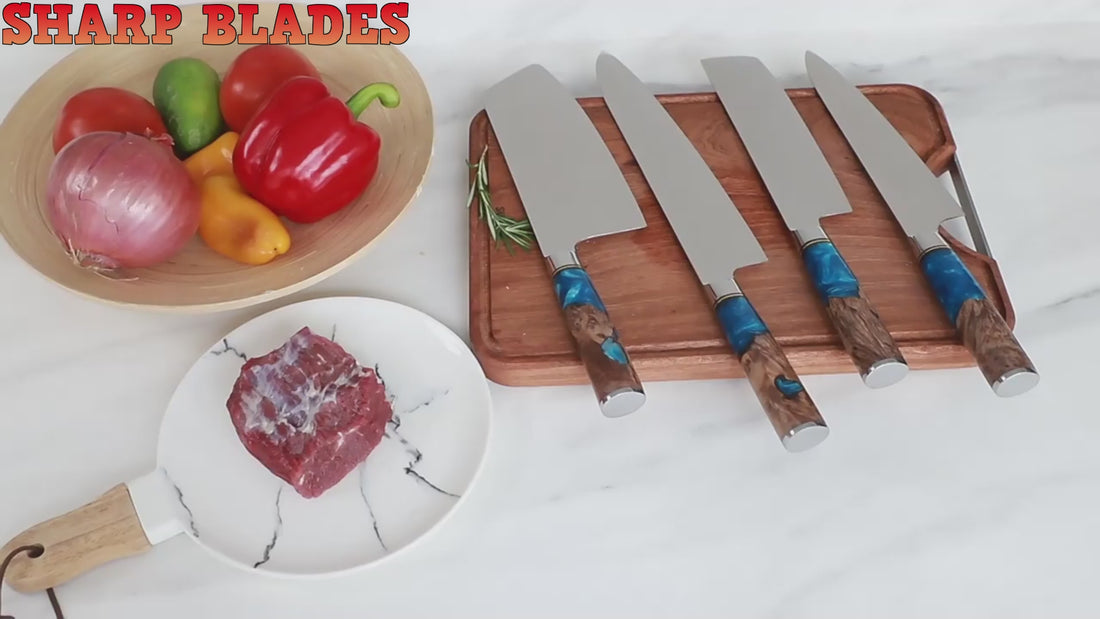 Sharp Blades Damascus Steel Knife with Coloured Blue Resin Handle