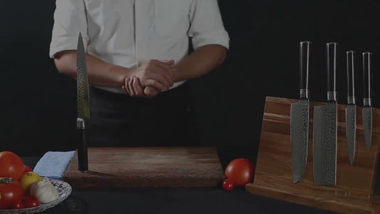 5-Piece VG10 Damascus Knife Set – Hammered Blue Handle slicing vegs