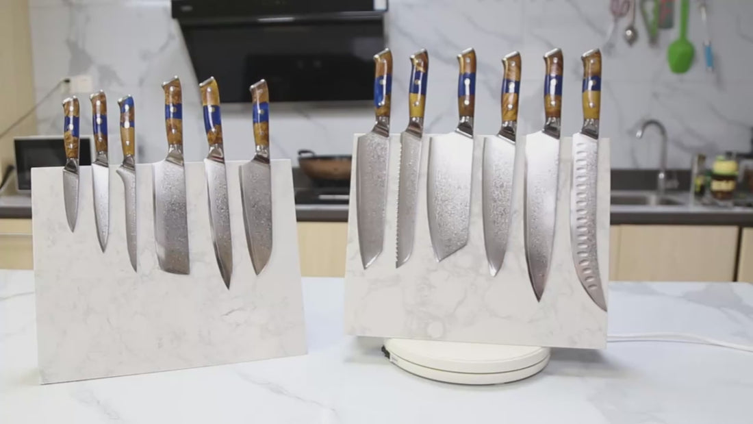 8-Piece VG10 Damascus Kitchen Knife Set – Blue Resin & Wood Handle on rotation display