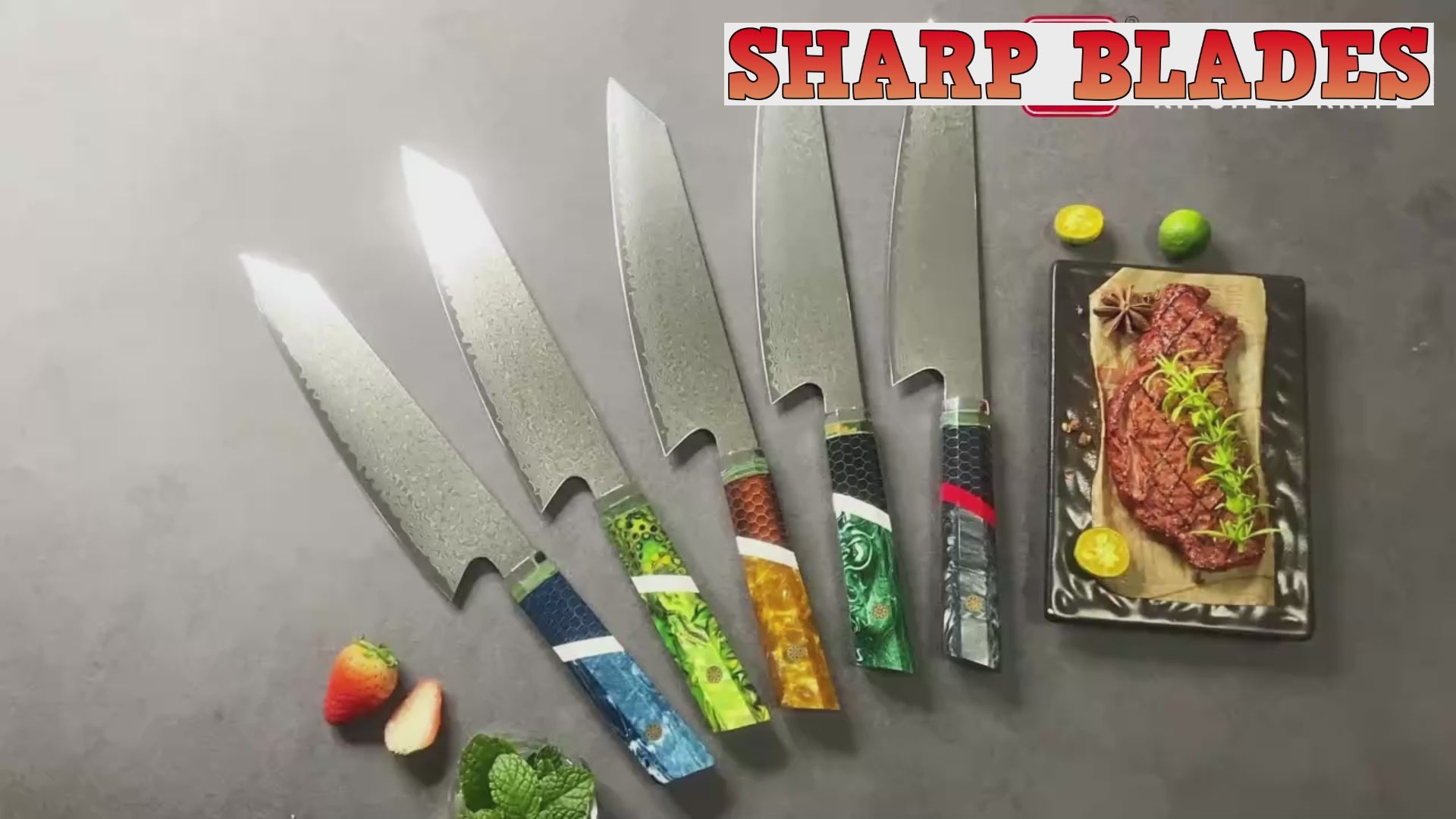 Ladda video: Sharp Blades 8 Inch Kiritsuke Damascus Steel with Blue Resin Honeycomb Handle