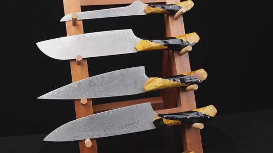 5-Piece VG10 Damascus Knife Set – Full Tang Ergonomic Handle on a wood display