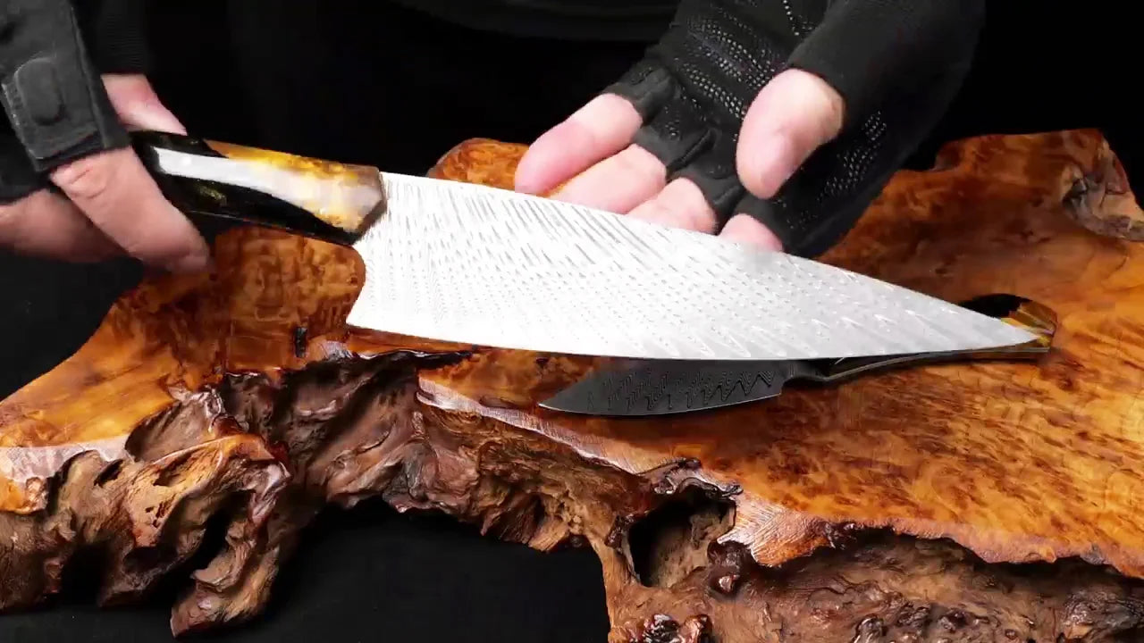 Load video: Video demo of 8 inch VG10 Damascus steel chef knife with ergonomic resin handle and razor sharp patterned blade for professional kitchen use