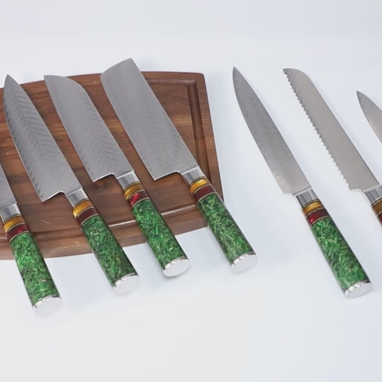 8-Piece VG10 Damascus Kitchen Knife Set – Green Grain Resin Handle