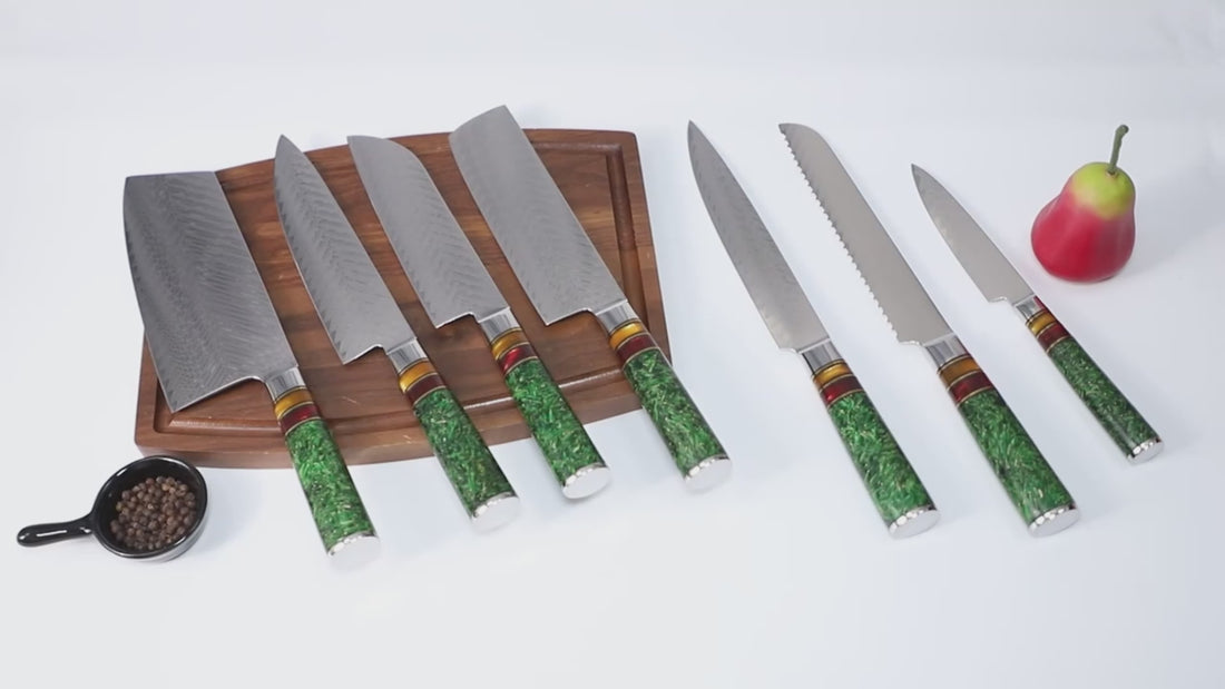 8-Piece VG10 Damascus Kitchen Knife Set – Green Grain Resin Handle