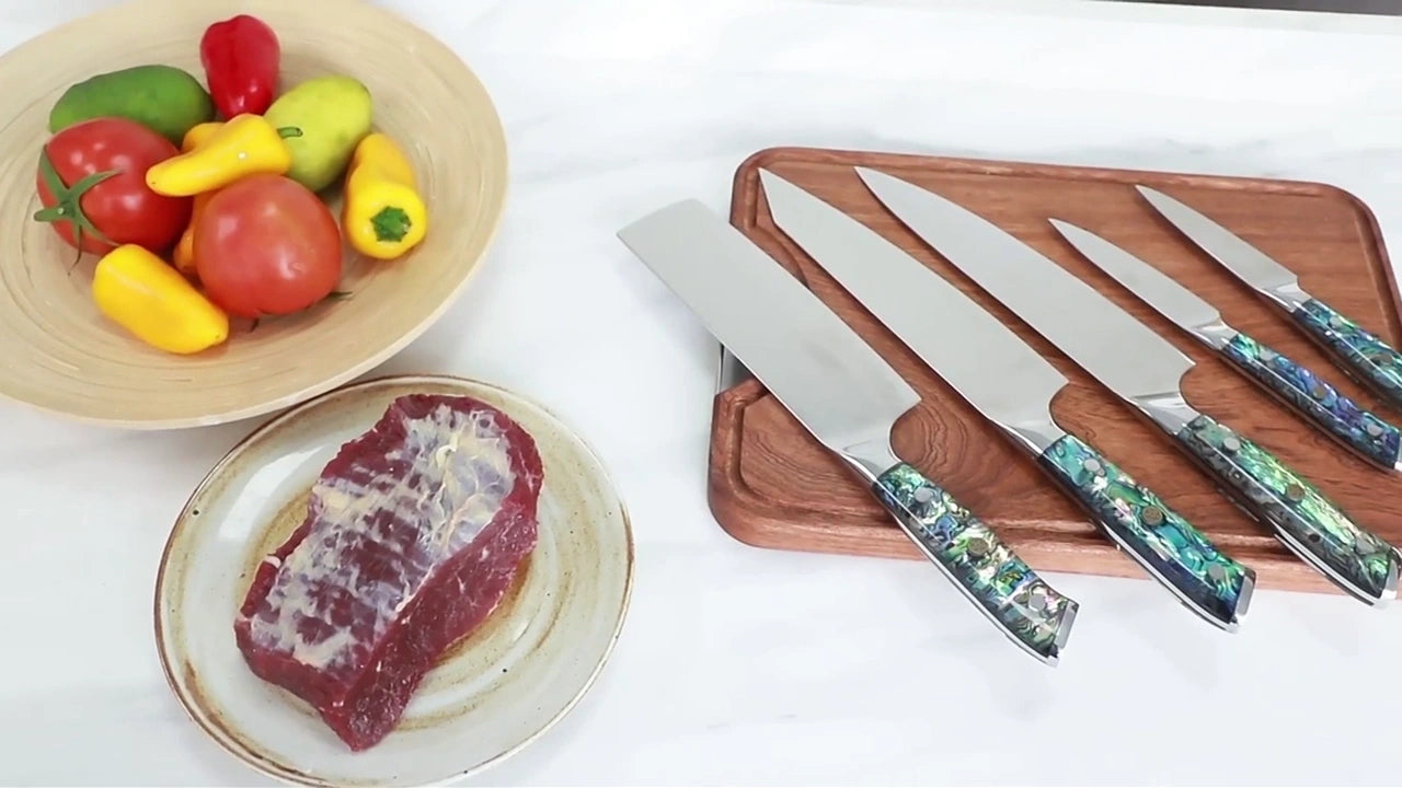 Charger la vidéo : Japanese VG10 Damascus kitchen knife set fishbone pattern blade abalone handle 9 piece ultra sharp knives