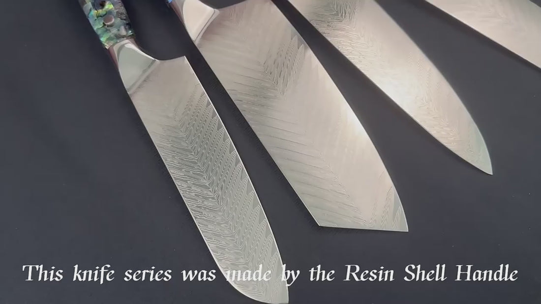 9-Piece VG10 Damascus Knife Set with  Fishbone Blade Abalone Handle on display in a kitchen