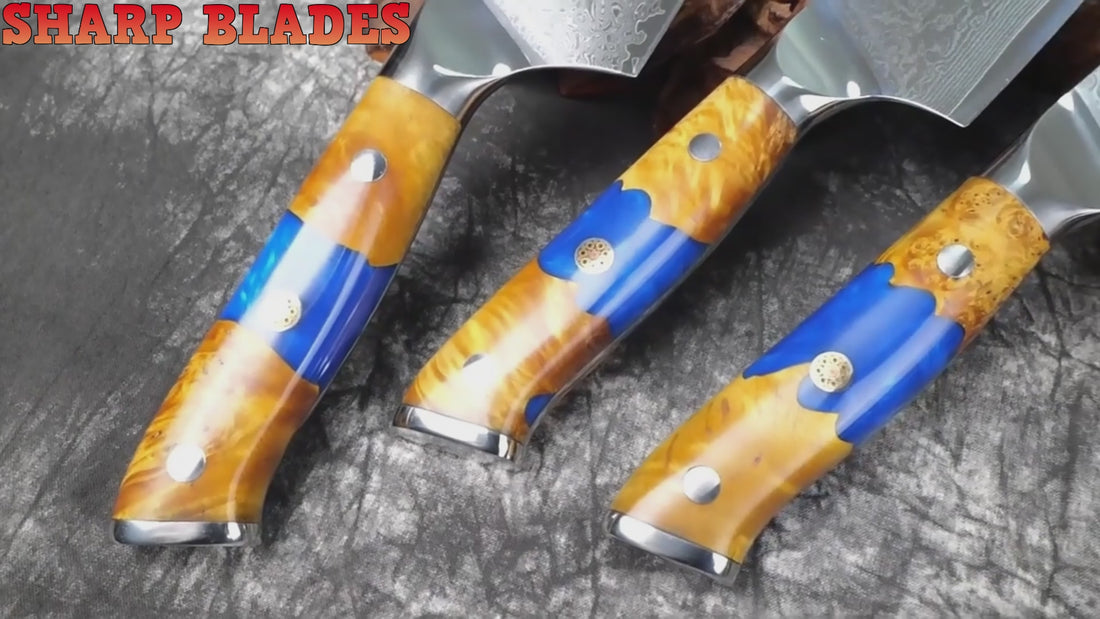 Deluxe Set Damascus Steel Chef’s Knife  With Blue Handle