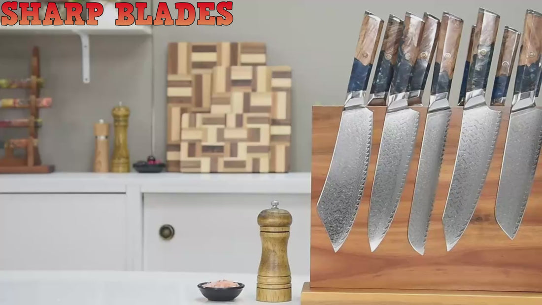 Makito set Damascus Steel Knives With Coloured Blue Resin Handle