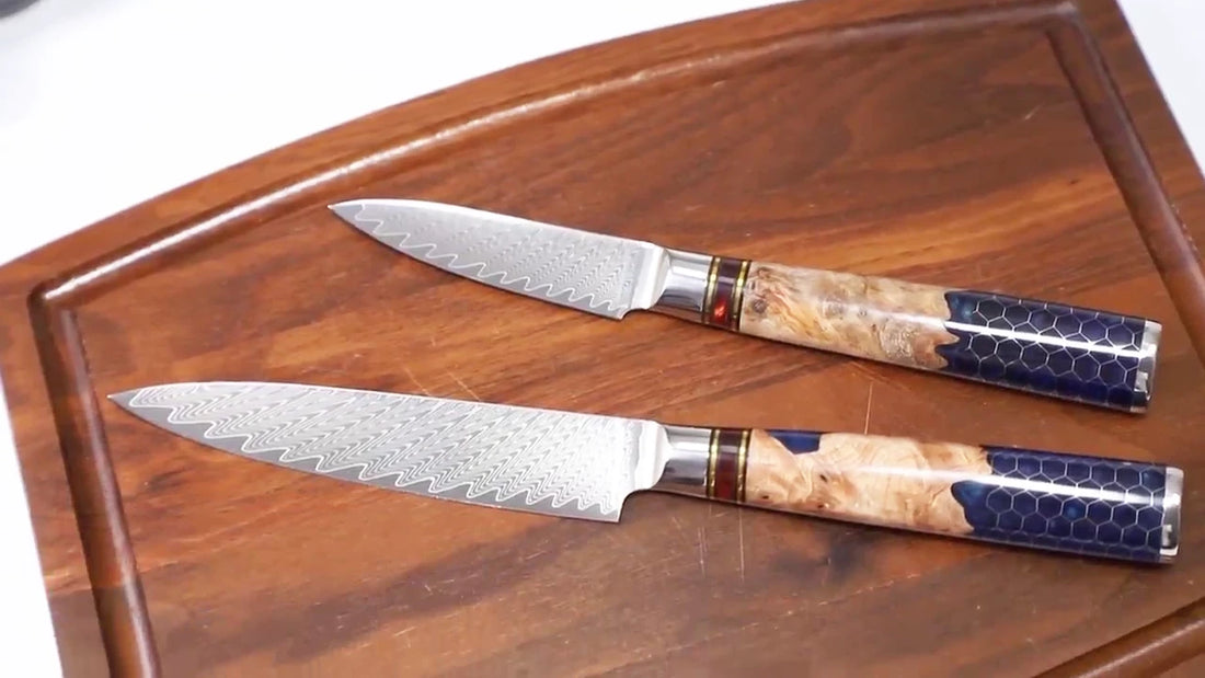 Video demo of 5-inch Damascus utility knife with blue honeycomb resin and wood handle slicing ingredients in kitchen use.