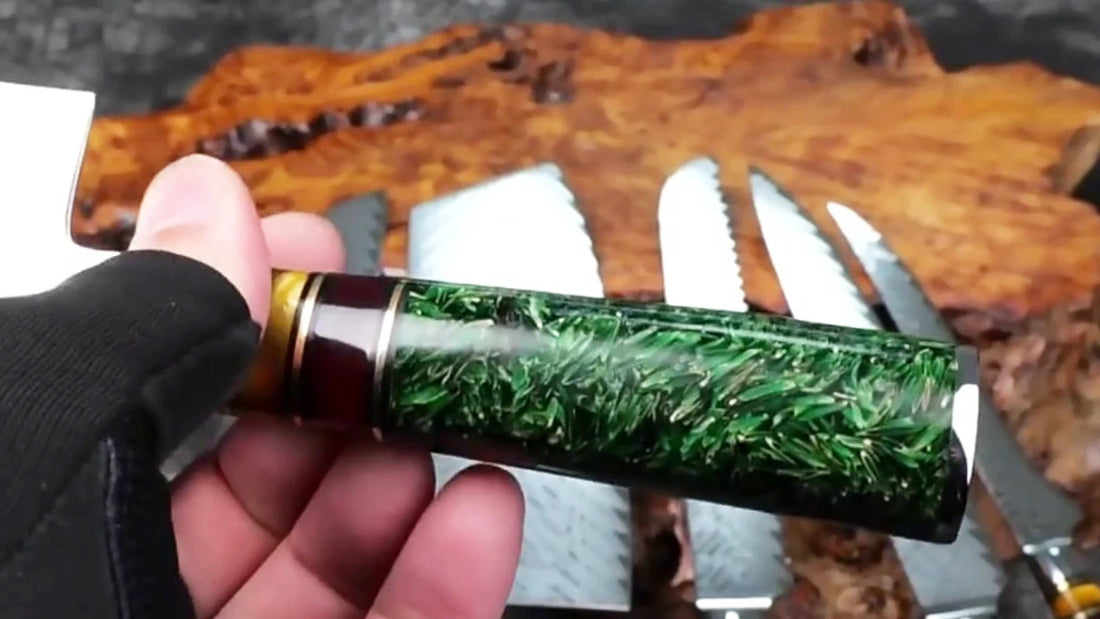 Video demo of 6 inch Damascus steel boning knife with green resin cereal handle and ultra sharp patterned blade for precision meat trimming deboning and kitchen preparation