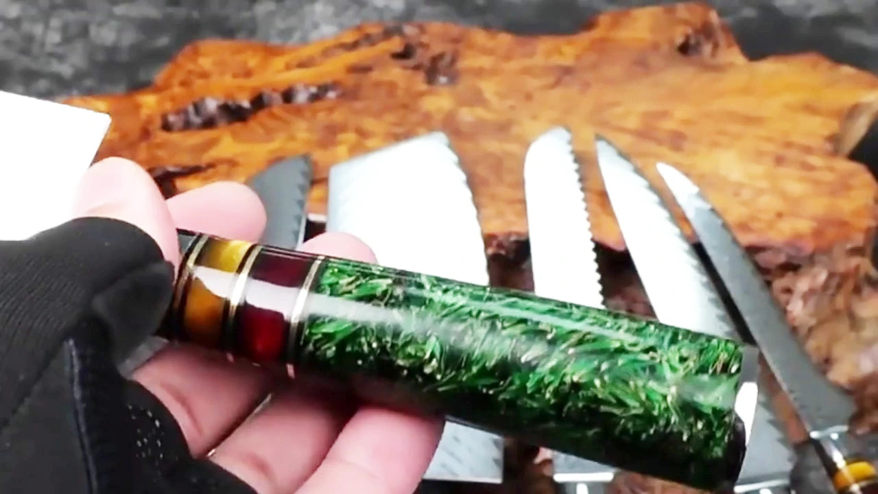 Load video: Video demo of 7 point 5 inch Damascus bread knife with green grain shell resin handle and sharp serrated patterned blade for slicing bread pastries and baked goods