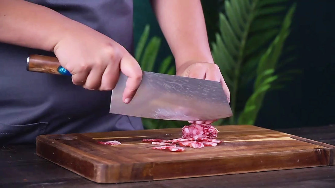 7 inch damascus steel cleaver knife with blue resin and wood handle sharp heavy duty kitchen chopping tool uk