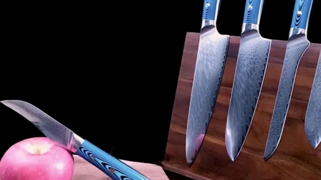 5 piece damascus kitchen knife set with blue handle showing sharp blades and premium design