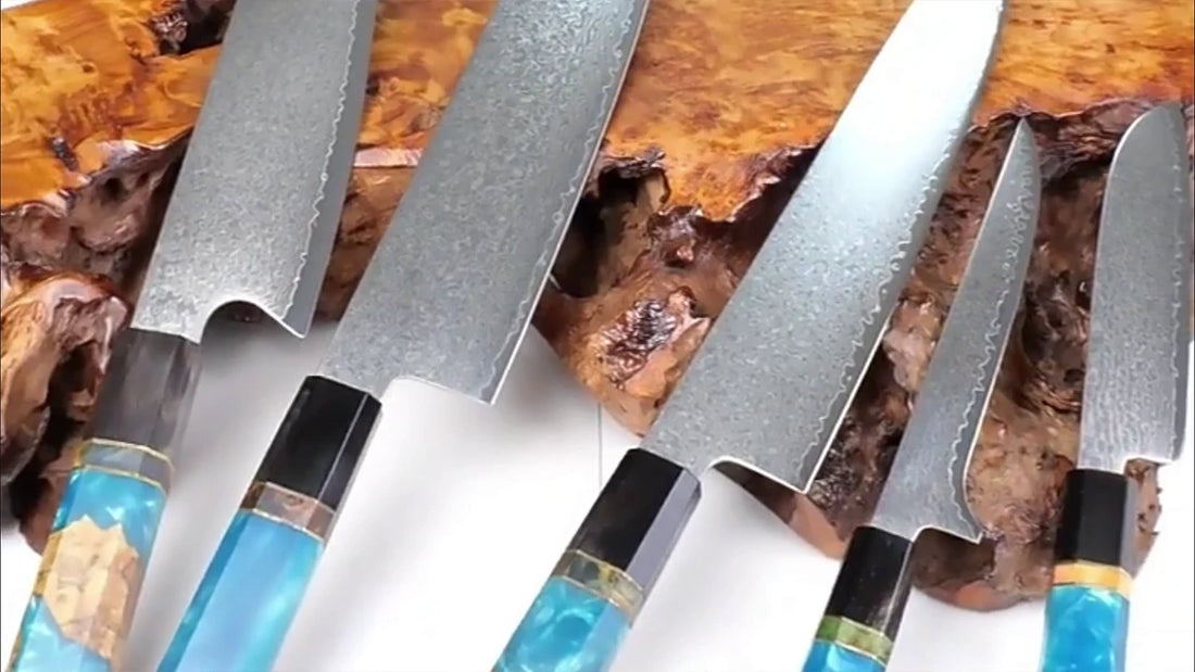 6 piece damascus kitchen knife set with blue and gold handle showing sharp blades and premium design