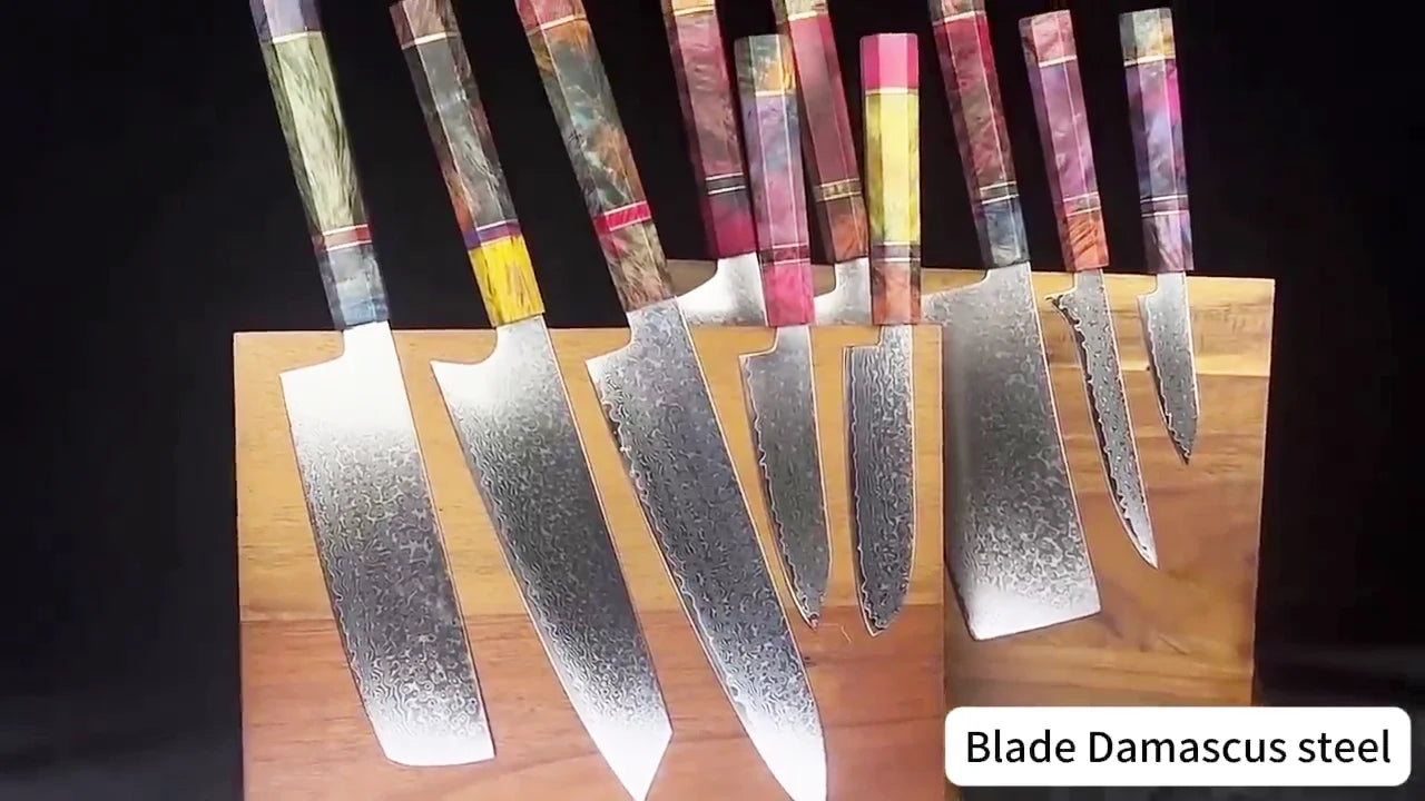 Charger la vidéo : Video demo of 8 inch Damascus kiritsuke knife with octagonal stabilized wood handle and ultra sharp textured blade for precision slicing and professional kitchen preparation