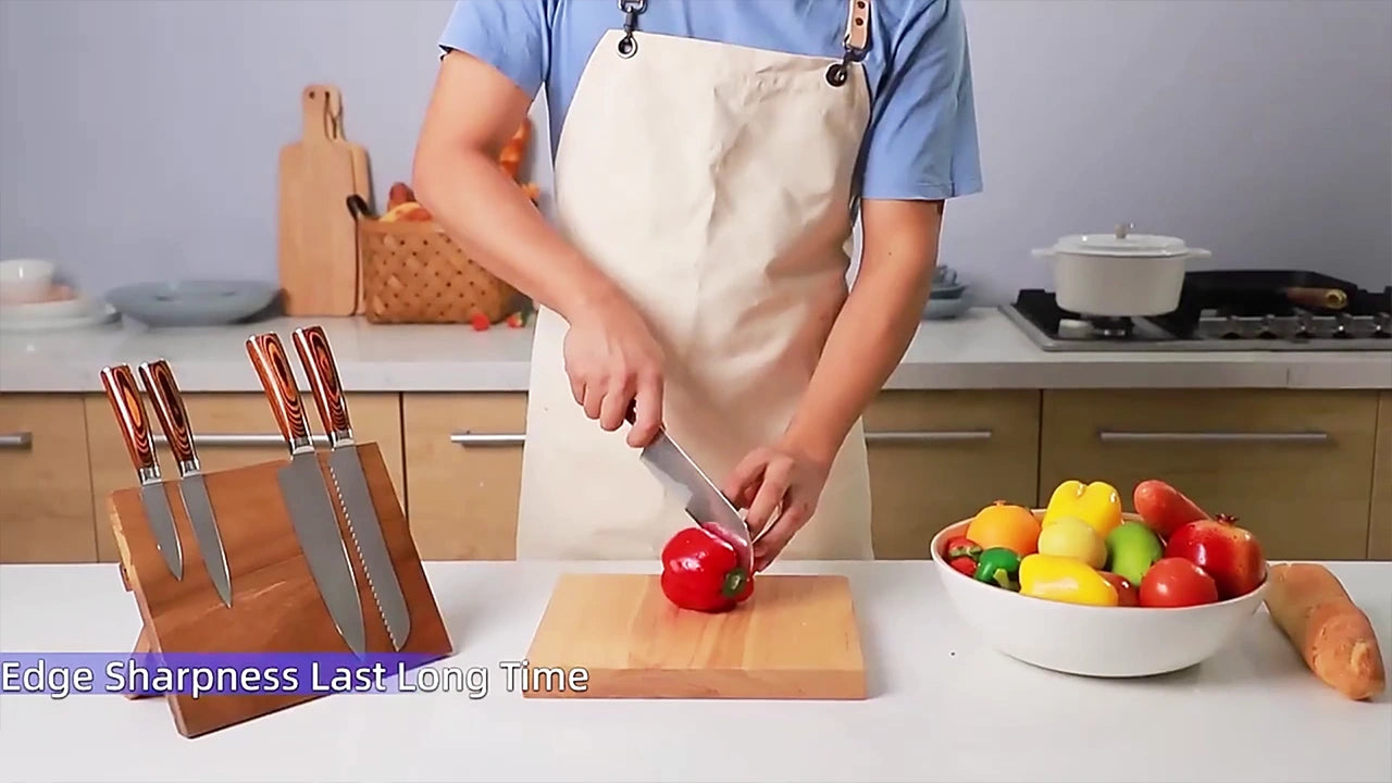 Cargar video: premium 67 layer damascus knife set with ultra sharp blades and ergonomic wood grain handles for professional kitchen use