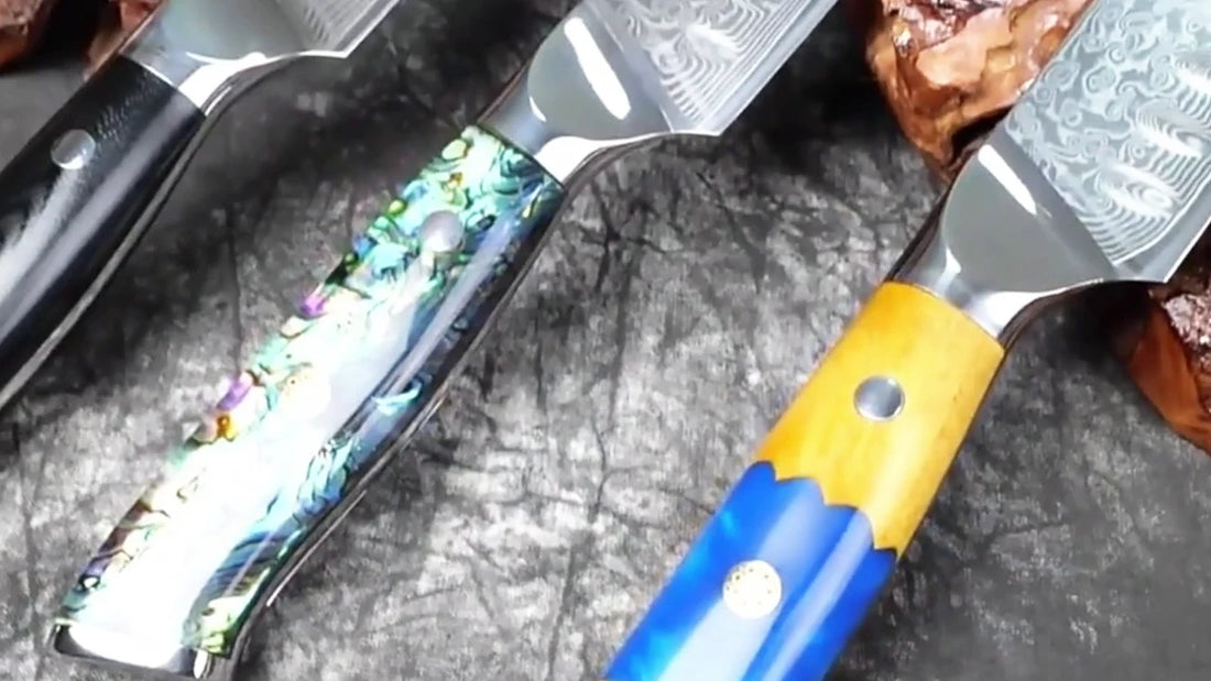 Video demo of 10 inch professional Damascus slicing chef knife with blue resin and wood handle featuring an ultra sharp granton edge blade for precision meat slicing and kitchen preparation