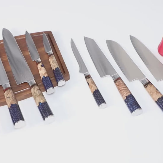 9-Piece VG10 Damascus Kitchen Knife Set – Blue Honeycomb Resin Handle