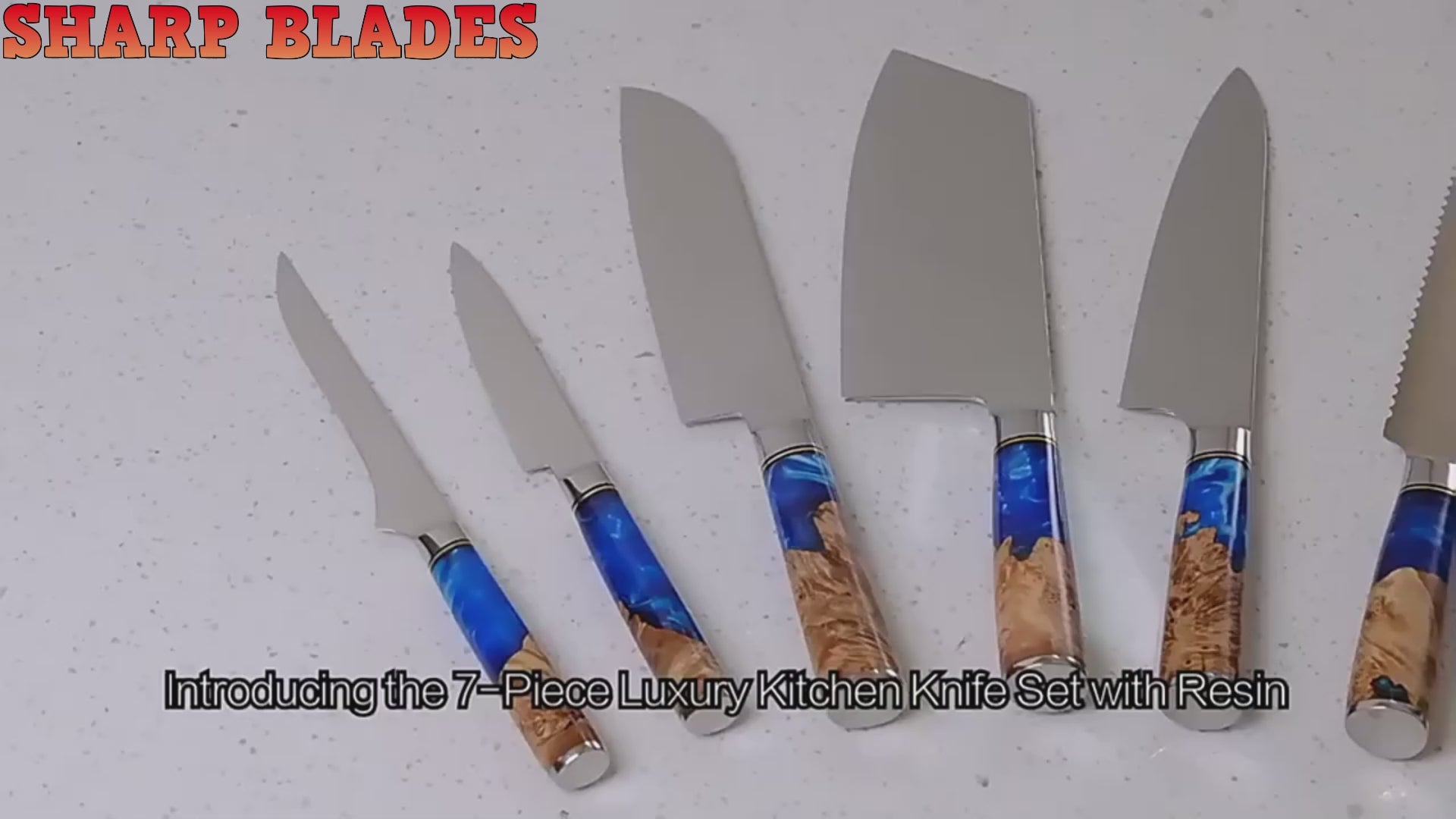 Load video: Damascus Steel Knife Set with Coloured Blue Resin Handle