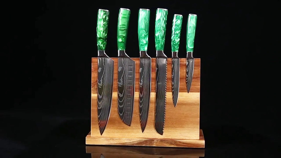 Video demo of 3.5 inch Damascus paring knife with green resin handle for precise fruit and vegetable cutting