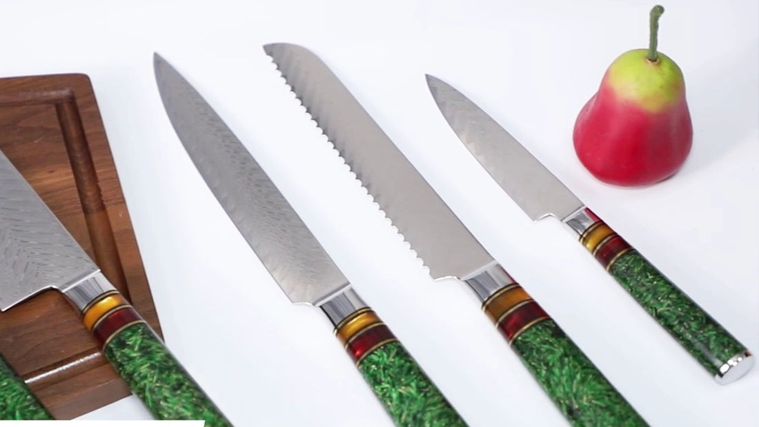 Video demo of 5 inch Damascus utility knife with green grain shell resin handle and ultra sharp patterned blade for precision kitchen preparation