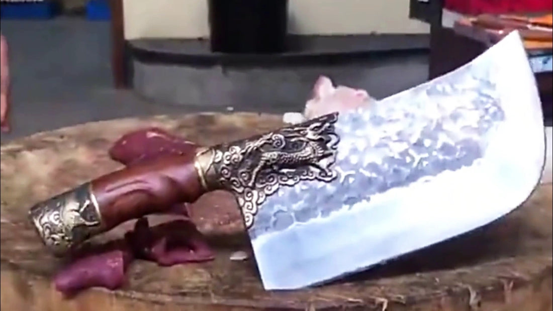 Video demo of 8 inch handmade forged high carbon steel butcher knife with dragon engraved handle and razor sharp cleaver blade for meat preparation