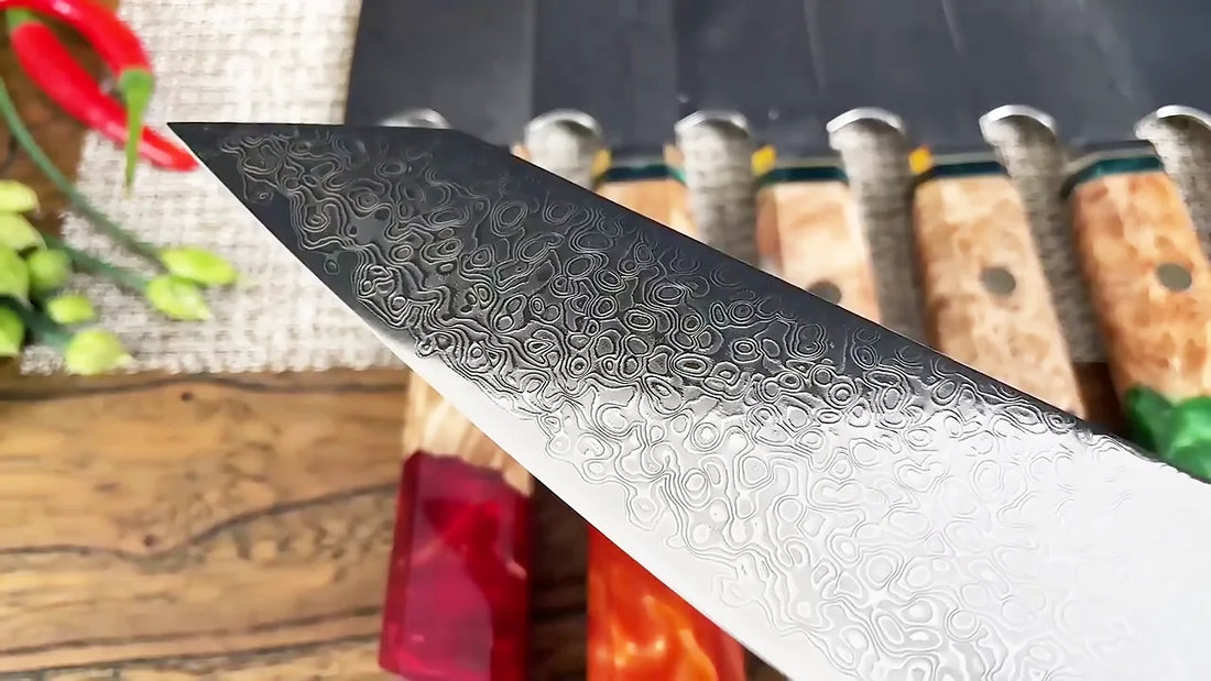 Video demo of 8 inch kiritsuke Damascus steel kitchen knife with blue resin and wood handle featuring an ultra sharp textured blade for professional slicing and food preparation
