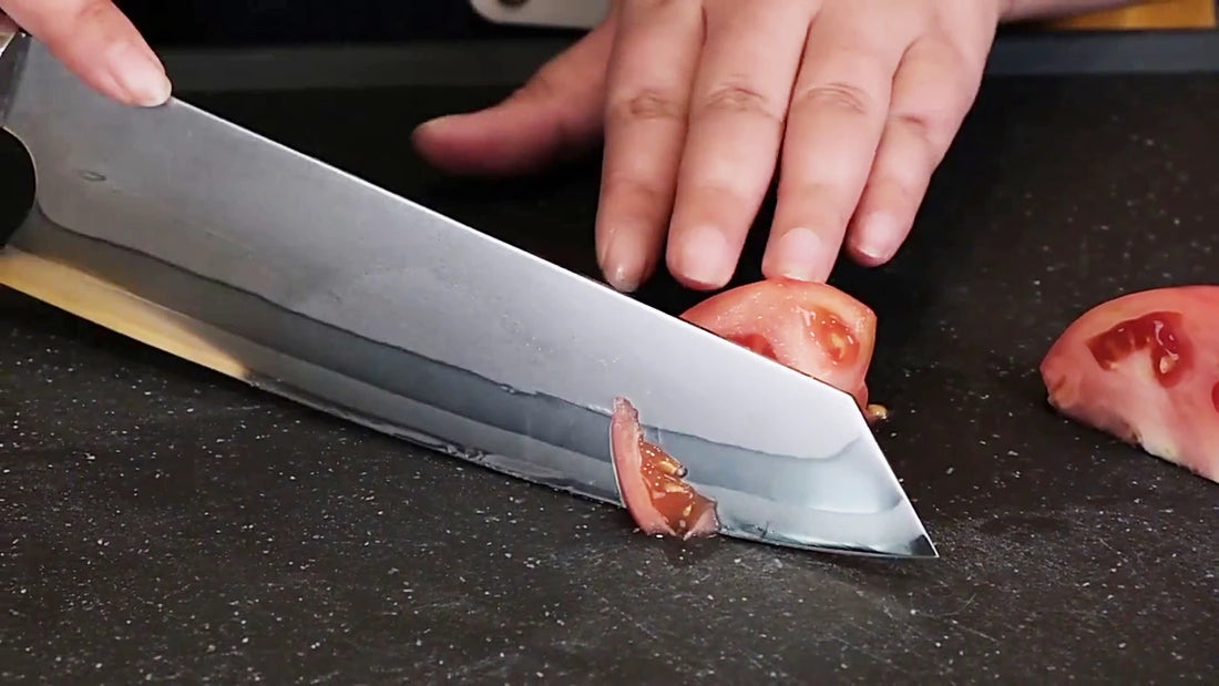8 inch kiritsuke damascus steel knife with blue resin honeycomb handle vg10 core slicing performance demonstration