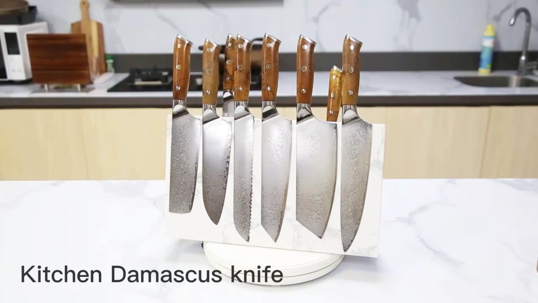 Japanese VG10 Damascus knife set with riveted wood handles cutting food and showing blade pattern
