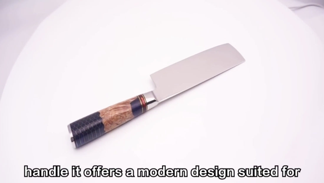 Video demo of professional 7 inch nakiri Damascus steel knife with resin and wood honeycomb handle featuring an ultra sharp patterned blade for vegetable chopping and kitchen preparation