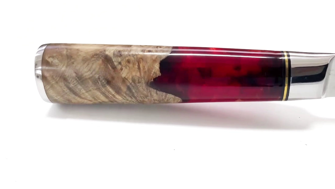 5 inch damascus utility kitchen knife with red resin and wood handle vg10 core cutting performance demonstration