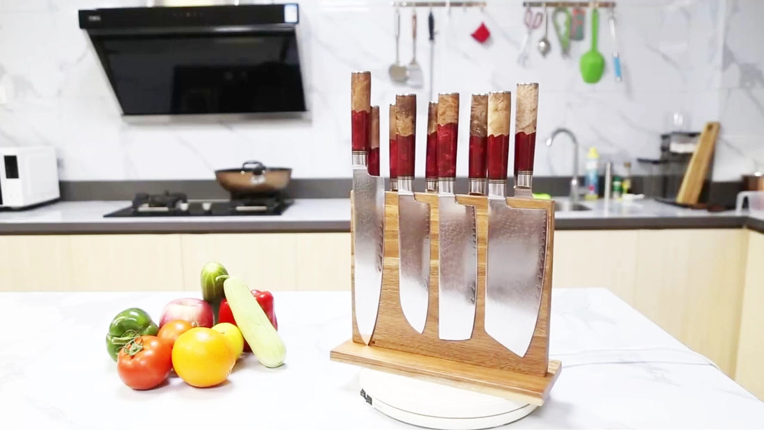 Japanese VG10 Damascus knife set with red resin wood handles cutting food and showing blade pattern