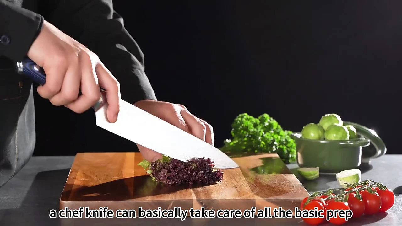 Carregar vídeo: Video demo of 8 inch Damascus AUS10 chef knife with blue ergonomic handle and razor sharp patterned blade for professional kitchen slicing and food preparation
