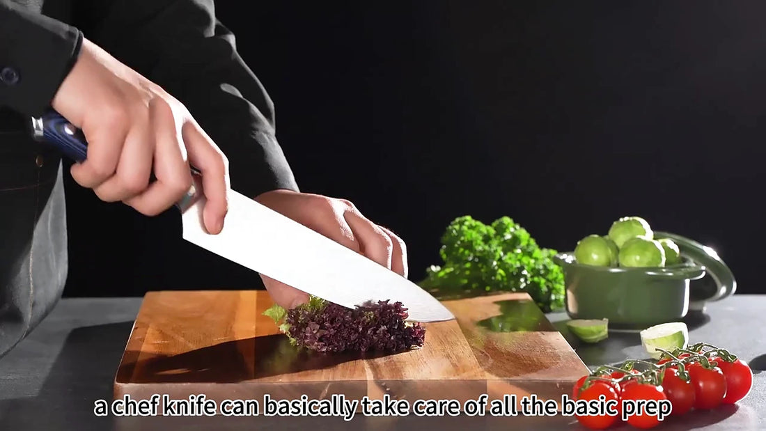 Video demo of 8 inch Damascus AUS10 chef knife with blue ergonomic handle and razor sharp patterned blade for professional kitchen slicing and food preparation