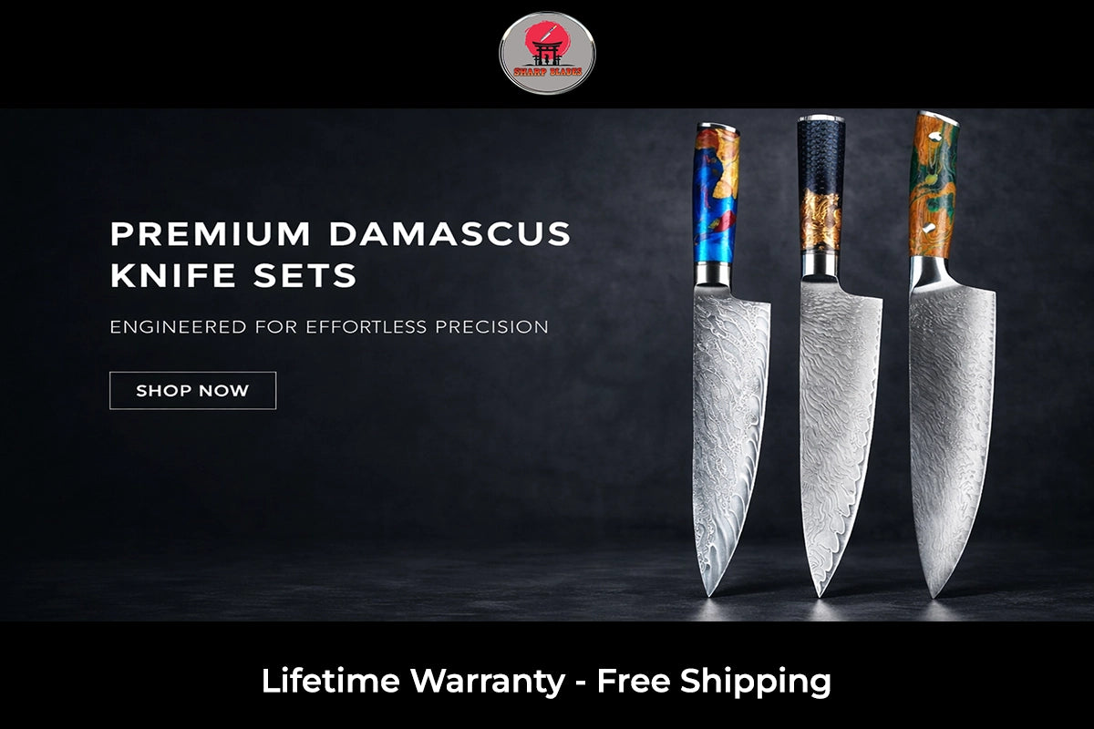 Sharp Blades premium Damascus kitchen knives. Elevate your cooking with precision-crafted, durable blades backed by a lifetime warranty.
